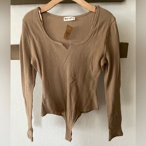 New In| Waffle Knit Tan Long Sleeve Bodysuit•••NWT, Brown Thermal Onesie